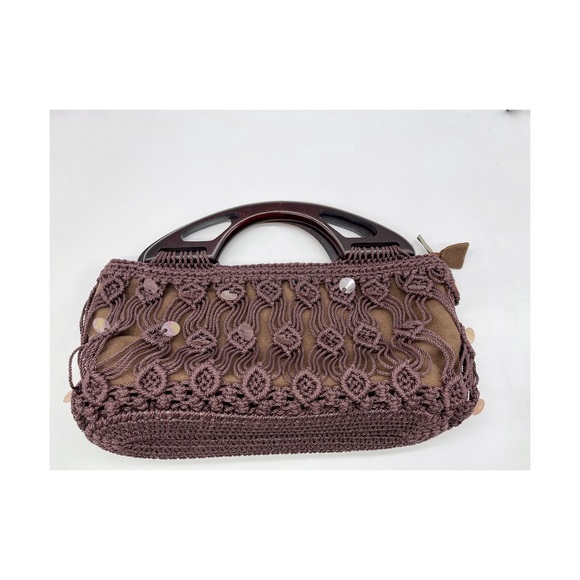 DV Collection Bag Purse Macramé Brown Pailletten Top Zip Wood Handle. - Picture 1 of 5